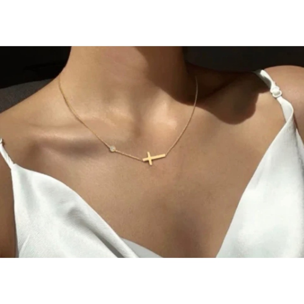 14k Gold stainless steel Sideways Cross Necklace Dainty CZMinimalist